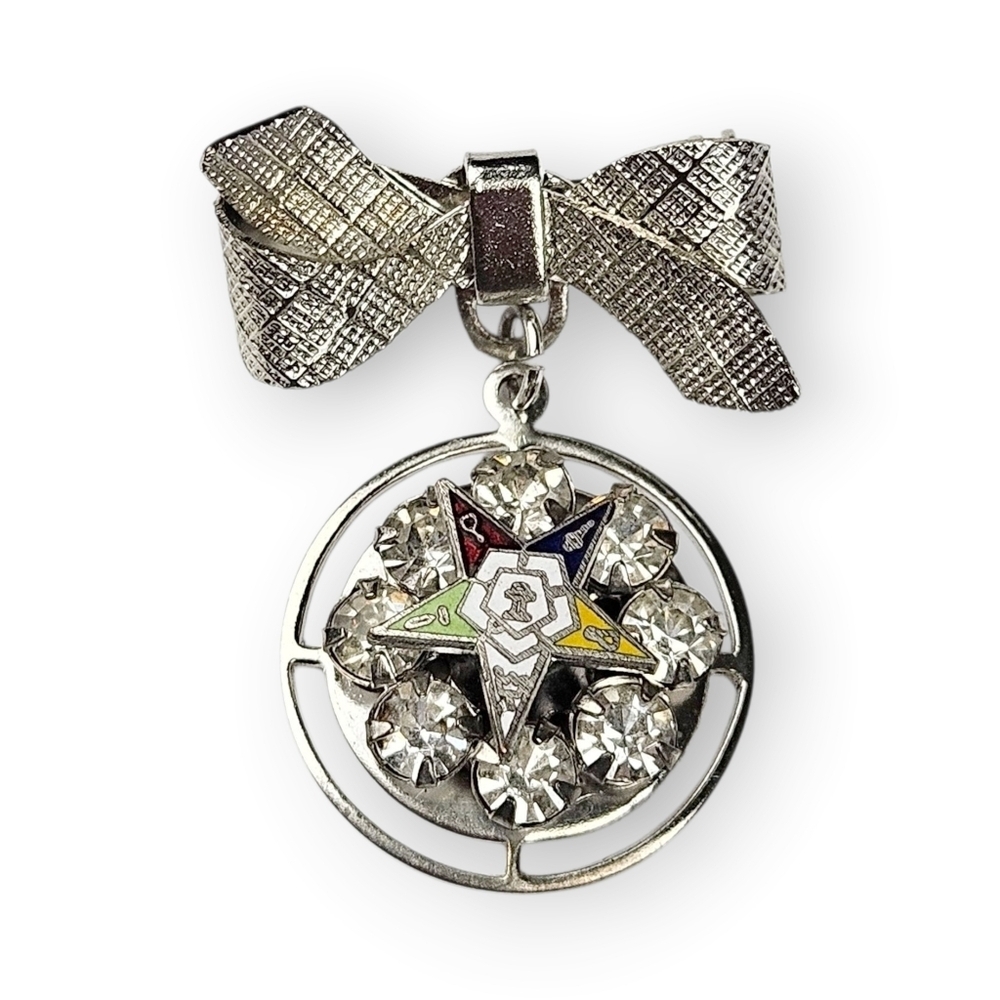 Order Of The Eastern Star Bow Brooch Rhinestone Rhodium Plated Freemason Vintage
